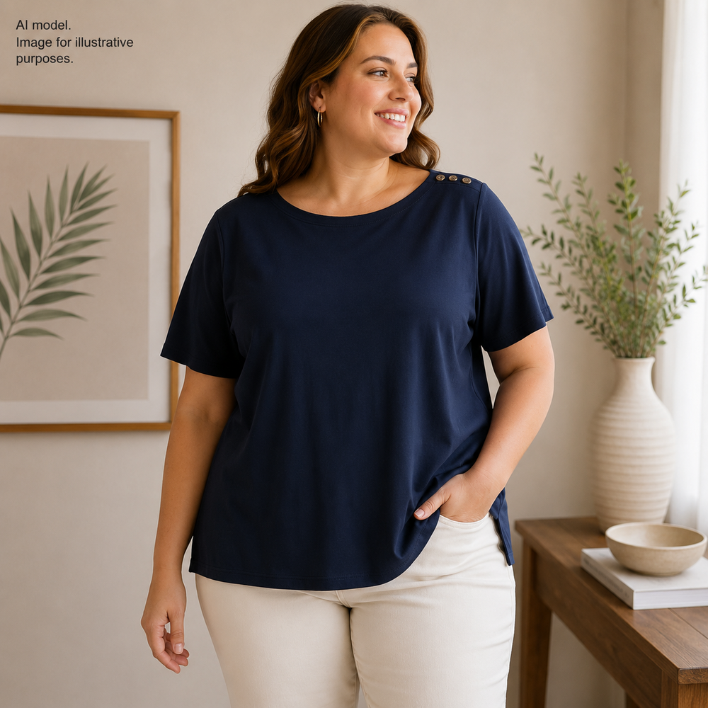 Lands End Shirt Women 1X 16-18W Blue Bateau Button Shoulder All Cotton Soft Tee